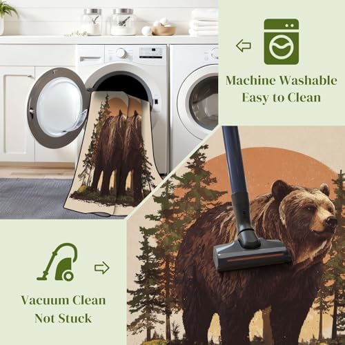 Serene Bear Standing Tall Pine Forest Warm Earth Tones Area Rug Outdoor Patio Rug Play Mat Modern Floor Carpet Non-Slip Home Decor Living Room Kids Bedroom Nursery, 9x12 ft