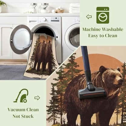 Serene Bear Standing Tall Pine Forest Warm Earth Tones Area Rug Outdoor Patio Rug Play Mat Modern Floor Carpet Non-Slip Home Decor Living Room Kids Bedroom Nursery, 9x12 ft