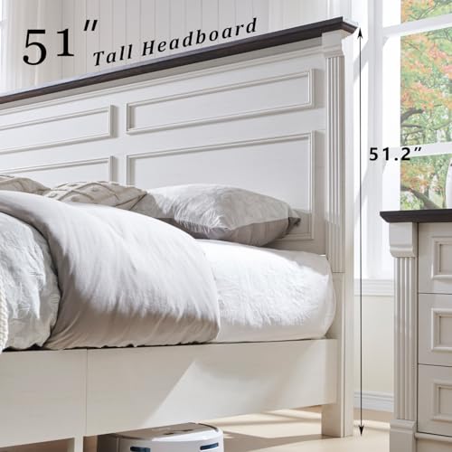 Farmhouse King Size Bed Frame w/51 Tall Headboard, Antique White