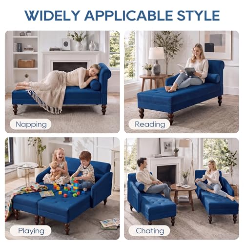 Chaise Lounge Chair Indoor with Right Armrest, Velvet, Blue