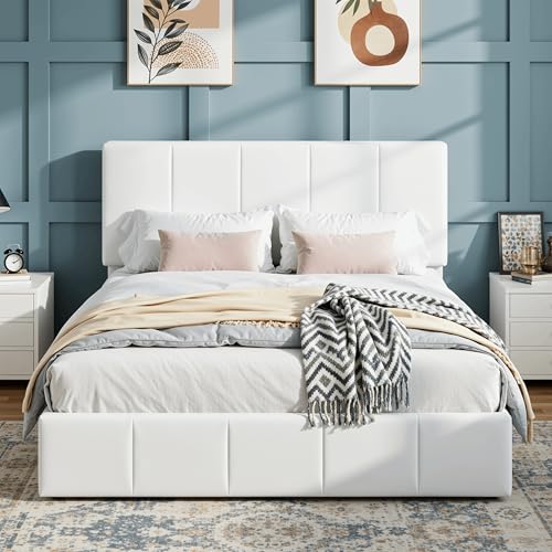 Full Size Bed Frame, Velvet Upholstered Platform Bed, Vertical Channel Tufted Adjustable Headboard, Low Profile Bed Frame, No Box Spring Needed, Easy Assembly, White