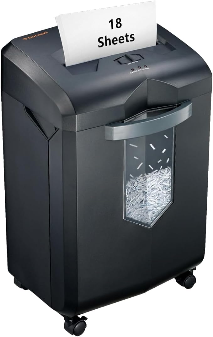Bonsaii Heavy Duty 18-Sheet Office Shredder – 60-min Continuous Run, Cross-Cut P-4 Security, 6-gal bin with Window, 4-Wheel Design, Shreds Paper, Credit Cards & Staples – Black.