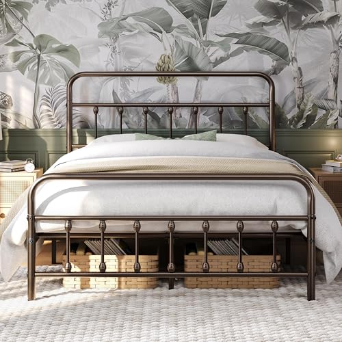 Yaheetech Queen Bed Frame with Headboard, Victorian Vintage Bronze Iron