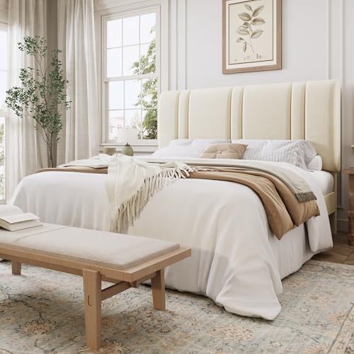 Queen Size Velvet Bed Frame with Adjustable Headboard, Cream