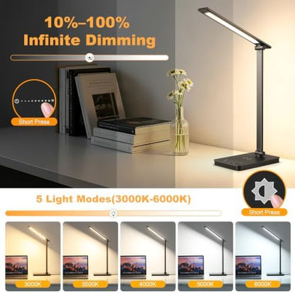 LED Desk Lamp, USB Charging Port Touch Control for Home Office 5 Color Modes with Timer,Adjustable Arm,Wireless Charging, 10 Dimmable Eye-Caring Table Light with Data Cable for Work Study