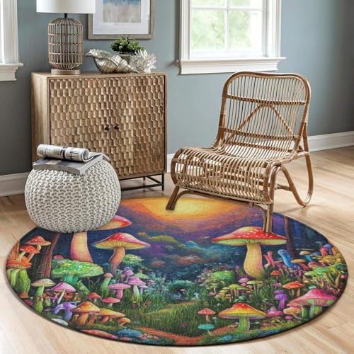 Large Round Area Rug Home Decor Modern Bathroom Rug Kitchen Office Circle Rug for Living Room Sofa Circle Cute Mat Trippy Mushroom Magic World Art, 60inch