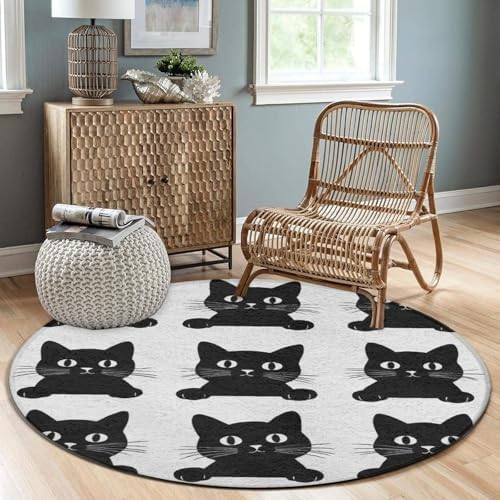 Large Machine Washable Circular Rugs, Home Decor Round Mat for Living Room Sofa Office Black Cat