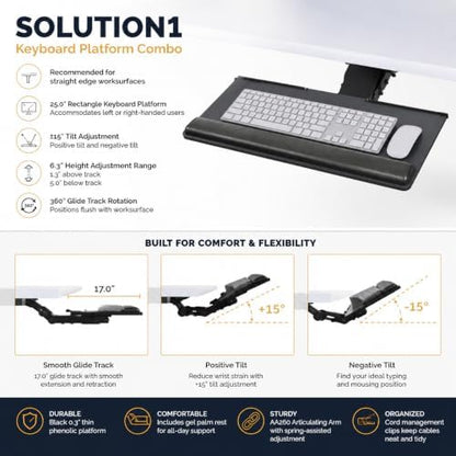 AA260 Articulating Arm PL003-25 Rectangular 25" Platform, Under Desk Ergonomic Keyboard Tray, Adjustable Height, Negative Tilt, 360° Rotation, 17" Glide Track, Keyboard and Mouse Platform, Wrist Rest