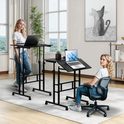 Magshion Rolling Standing Desk with Wheels, Height Adjustable Laptop Desk for Walking Pad, Mobile Workstation with Tilt Top, 28" to 46" Height Range for Home Office & Small Spaces, Black