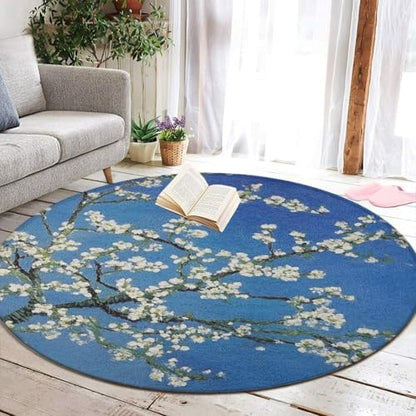 Home Decor Non Slip Kitchen Office Circle Rug, Machine Washable Modern Round Area Rug, Room Sofa Yoga Soft Round Carpet Beautiful Apricot Flower Blossom Art, 60inch