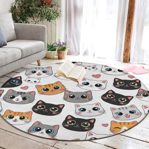 Fashion Round Area Rug Large Non Slip Carpet, Cute Cat Kitten Head Cartoon Cats Unisex Home Decor Mat, 60inch