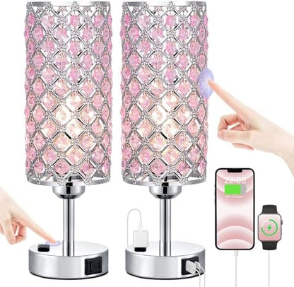 Hong-in Pink Crystal Lamp Set of 2, 3 Way Dimmable Touch Lamp for Bedroom with Crystal Shade, Bedside Nightstand Lamps for Living Room Bedroom Home Office