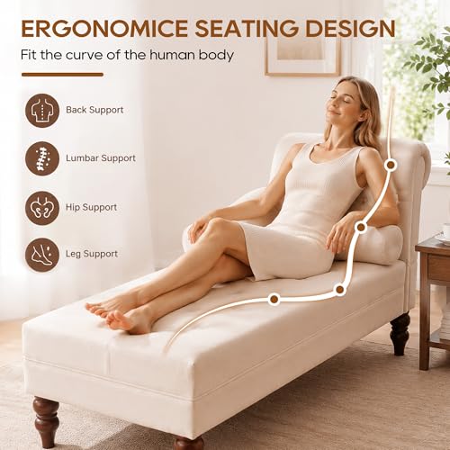 Chaise Lounge Chair Indoor with Right Armrest, Velvet, White