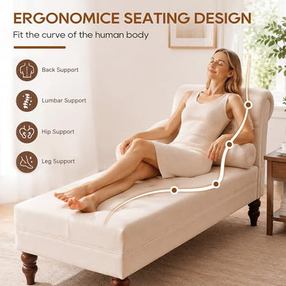 Chaise Lounge Chair Indoor with Right Armrest, Velvet, White