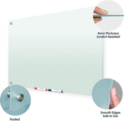 J&J worldwide Glass Whiteboard 47 x 35, Frosted Glass Dry Erase Board Non-Magnetic, Semi-Transparent, Includes Markers, Marker Tray, Eraser for Wall, Office, Home, School