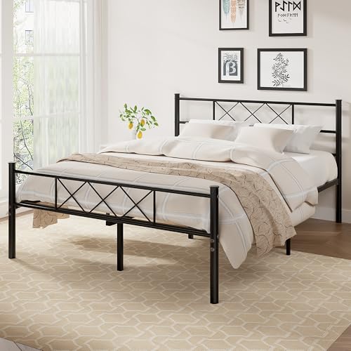 Full Size Bed Frame with Headboard, Heavy Duty Bedframe with Strong Metal Slats, No Box Spring Needed & Easy Assembly, Matte Black