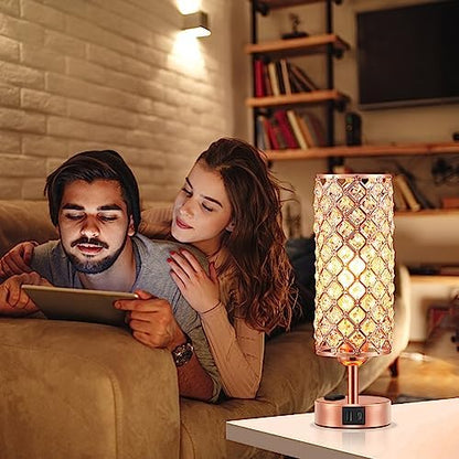 Hong-in Rose Gold Lamp Set of 2, 3-Way Crystal Table Lamp Touch Control with USB-C+A & AC Ports, Dimmable Nightstand Desk Light, Pink Bedside Table Lamp for Bedroom(Bulb Included & Set of 2)