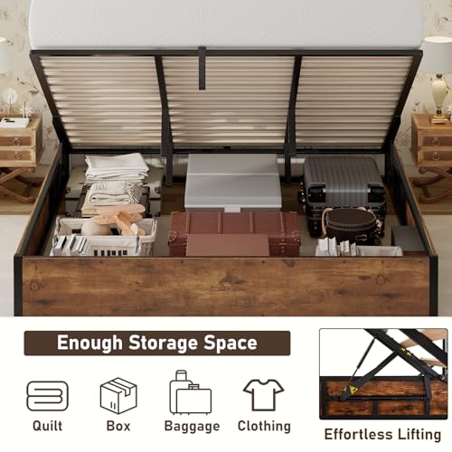 King Size Bed Frame with Lift Up Storage, Rustic Brown