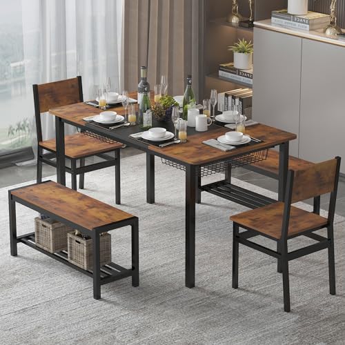 Dining Table Set for 4-6 People,Industrial Dining Table with 2 Benches and 2 Chairs,Kitchen Table Set with Storage Rack for Dining Room,Saving Space,Rustic Brown