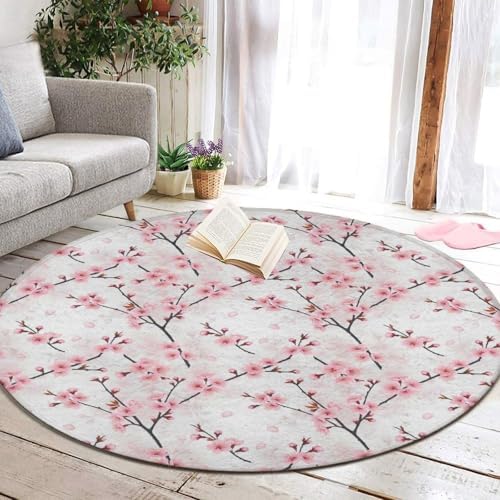 Large Home Decor Mat, Soft Round Yoga Carpet, Non Slip Machine Washable Home Office Circle Rug Cherry Flowers Blossom Japanese Art, 36inch