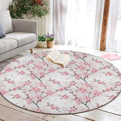 Large Home Decor Mat, Soft Round Yoga Carpet, Non Slip Machine Washable Home Office Circle Rug Cherry Flowers Blossom Japanese Art, 36inch