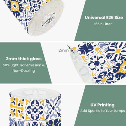 3 Pack Cylinder Glass Lamp Shade Set 16 tiles Azulejos blue gray yellow Original traditional Portuguese Covers with 1-5/8" Fitter Opening Light Fixture Replacement for Table Lamp Bathroom Vanity Light