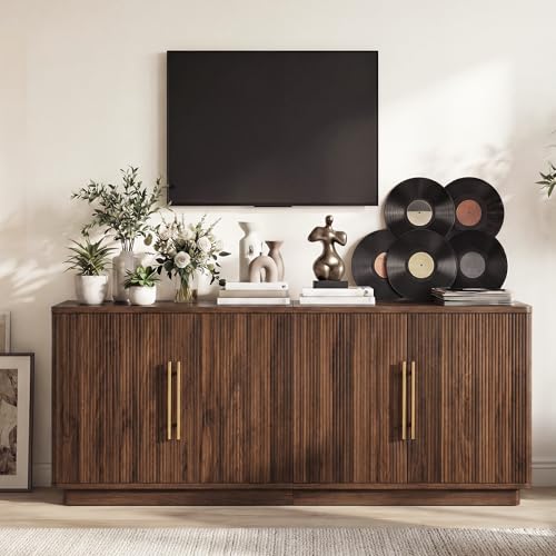 70" TV Stand for up to 80" TVs with 4 Fluted Doors, Natural Oak