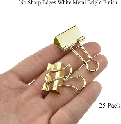 HAHIYO Binder Clips Paper Clamps Spring Steel Sturdy 0.98 inches Width 0.31 Inch Capacity No Sharp Edges Heavy Duty Tight Grip Reusable Gold Metal Bright Finish for Home Office School 25 Pack