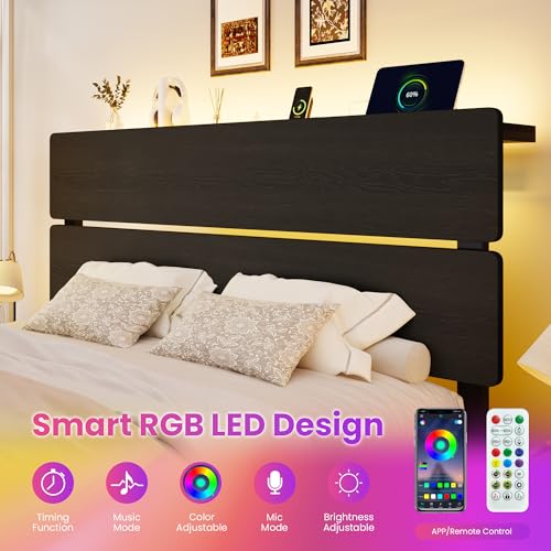 Queen Size Bed Frame, Led Light, Charging Station, Storage Shelf