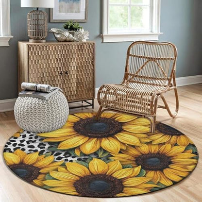 Large Round Area Rug Home Decor Modern Bathroom Rug Kitchen Office Circle Rug for Living Room Sofa Circle Cute Mat 80s Vintage Cow Print Sunflowers, 36inch