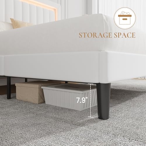 Full Size Velvet Bed Frame with LED Light, White