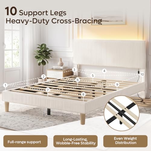 Queen Bed Frame with Headboard LED Lighting,Upholstered,Beige