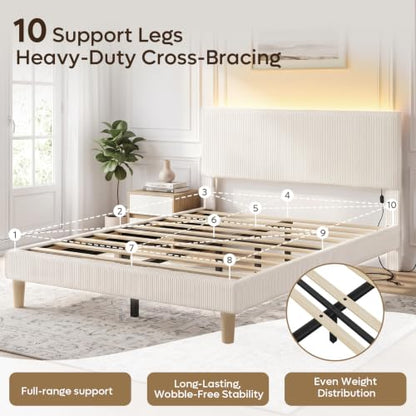 Queen Bed Frame with Headboard LED Lighting,Upholstered,Beige