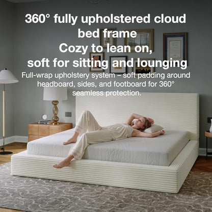 King Size Bed Frame, Plush CloudSoft Bed, Corduroy Upholstered Platform Bed Frame with Headboard, Easy Assembly, No Box Spring Needed, Modern Soft Bed Frame, White