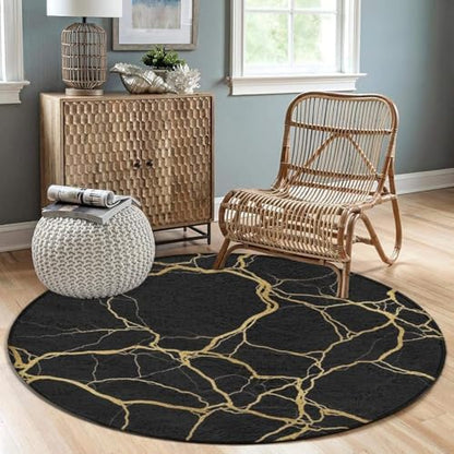Men's Large Home Decor Mat, Soft Round Yoga Carpet, Non Slip Machine Washable Home Office Circle Rug Black Marble Gold Texture Art, 36inch