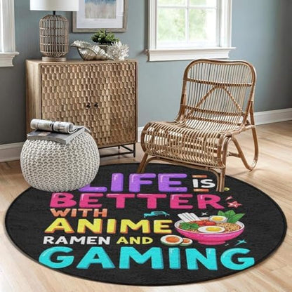 Women's Large Home Decor Mat, Soft Round Yoga Carpet, Non Slip Machine Washable Home Office Circle Rug Life is Better with Anime Ramen Gaming
