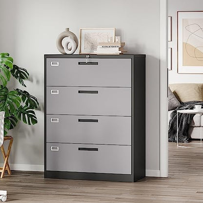 Letaya 4 Drawer Lateral Metal Filing Cabinet with Lock-File Cabines-Organization Storage Cabinets for Home Office-Hanging Letter/Legal/F4/A4 Size (4 Drawer-Grey Black)