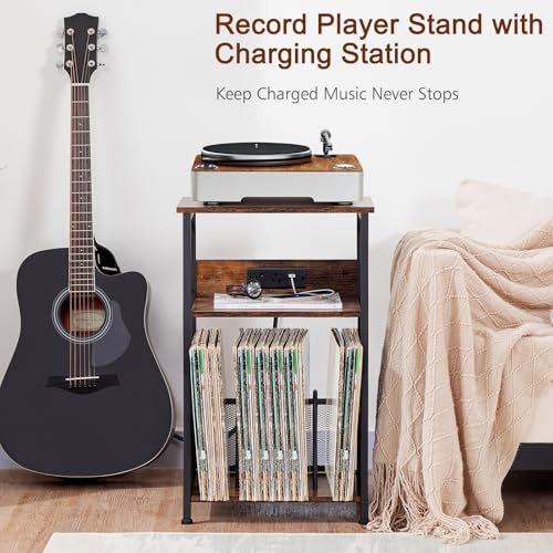 Record Player Stand with Charging Station, Vinyl Record Storage