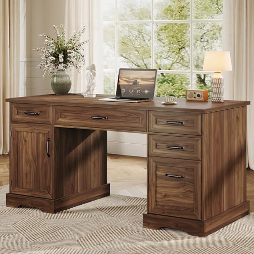 Farmhouse 59 Inch Executive Desk with Drawers, Walnut