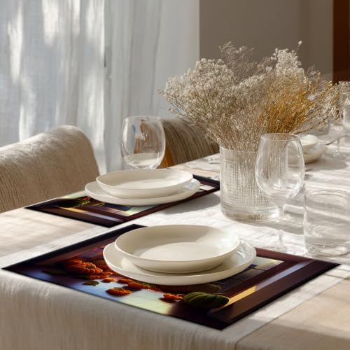 Shrahala Happy Thanksgiving Day Set of 8 12 X 18 Inch Linen Placemats, Pumpkins Floor-to-Ceiling Windows Harvest Burlap Table Mat Washable Double Layered Heat Insulation for Indoor