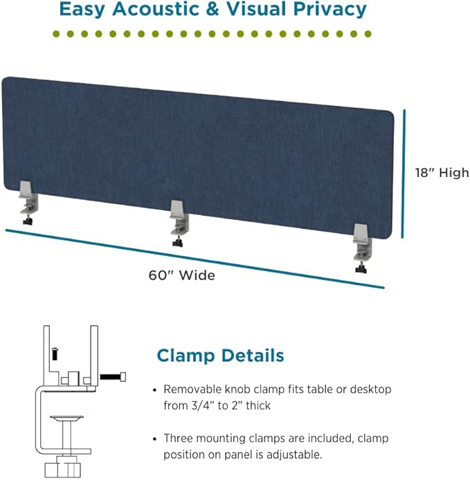 Sound Absorbing Privacy Shield - Desk Divider & Cubicle Wall (Dark Blue, 60" W x 18"H)