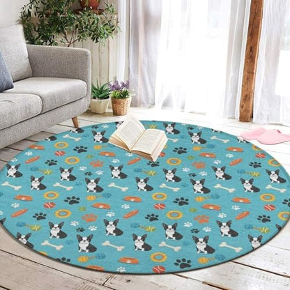 Soft Round Yoga Carpet, Large Home Decor Mat, Non Slip Machine Washable Kitchen Office Circle Rug Boston Terrier Dogs, 36inch