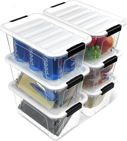 EOENVIVS Plastic Storage Bins with Lids 6 Pack, 7 Quart Storage Containers with Black Buckle Latch, Stackable Storage Containers for Home Pantry Office Classroom Organization, White