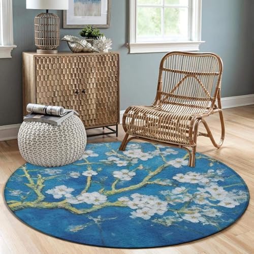 Machine Washable Modern Round Area Rug, Room Sofa Yoga Soft Round Carpet, Home Decor Non Slip Kitchen Office Circle Rug Beautiful Apricot Flower Blossom Art, 36inch