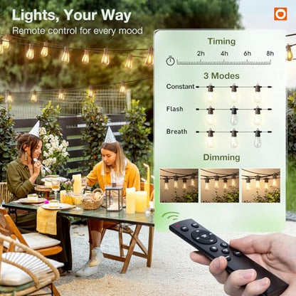 100FT LED Outdoor String Lights, Remote Dimmable Patio Lights with Timer & 3 Lighting Modes, 32 Shatterproof Edison Bulbs, Waterproof Connectable String Lights for Outside Backyard Porch Party