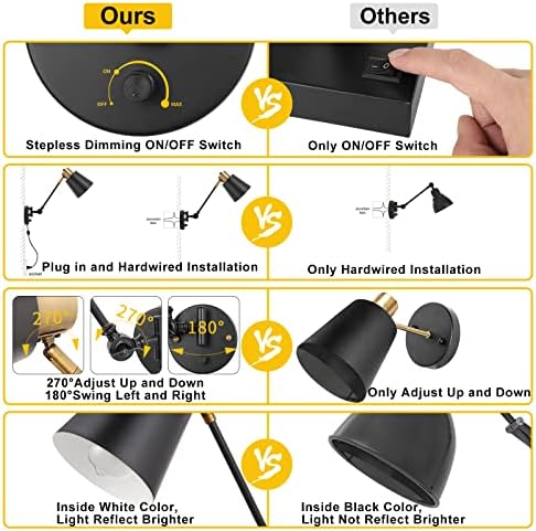 GOODATE Dimmable Wall Lamp with Plug in Cord, Plug in Wall Sconces, Swing Arm Wall Light with On Off Switch, Metal Black Brass Industrial Wall Lamp for Bedroom, Living Room, E26 Base