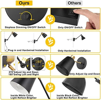 GOODATE Dimmable Wall Lamp with Plug in Cord, Plug in Wall Sconces, Swing Arm Wall Light with On Off Switch, Metal Black Brass Industrial Wall Lamp for Bedroom, Living Room, E26 Base