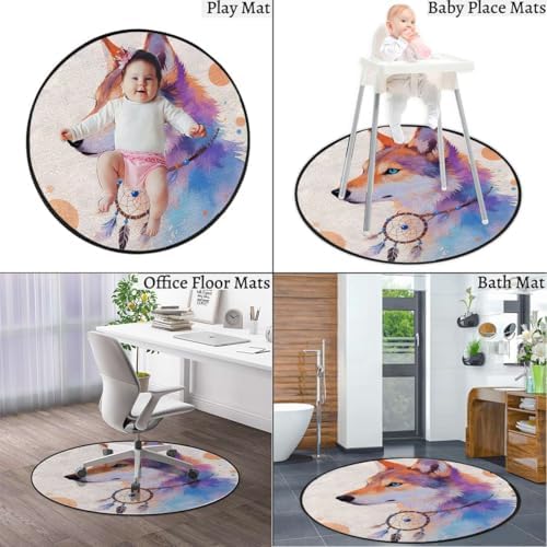 Wolf Watercolor Art Round Gaming Chair Mat for Hardwood Floors, Decorative Animal Illustration Anti-Slip Office & Desk Chair Protector for Rolling Chairs, Multicolor Diameter 51 in