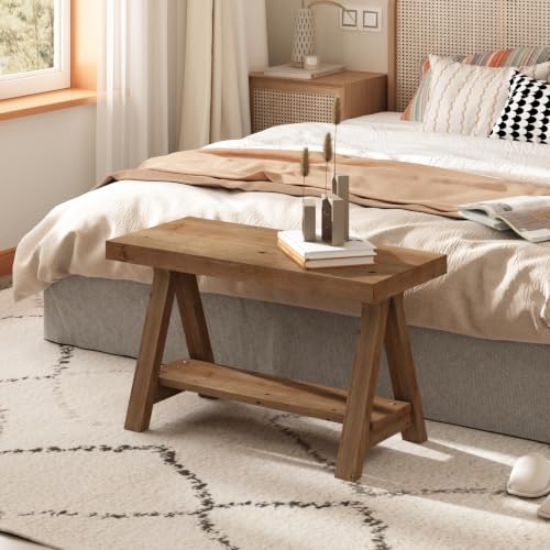 Solid Wood Bench, 30" Farmhouse Entryway Bench with Shoe Storage