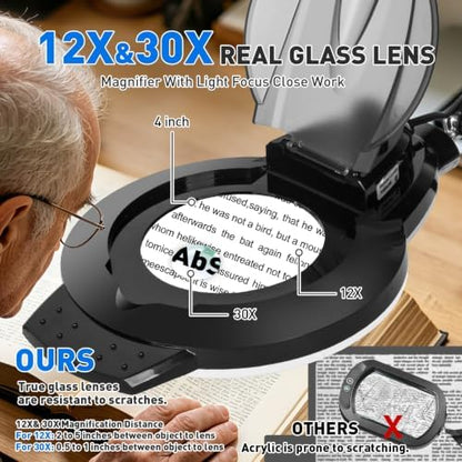 KIRKAS LED Magnifying Lamp with Clamp, 2,200 Lumens Dimmable 28in 12X 30X